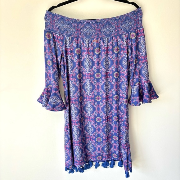 Cabana Life Purple Pink Off The Shoulder Mini Dress Bell Sleeve Tassels Beach - Picture 6 of 9